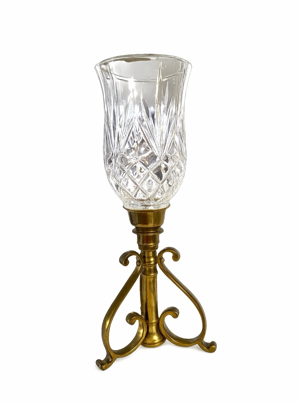 Crystal Hurricane Lamp with Brass Tripod Base